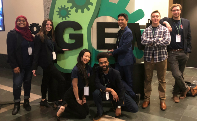  IGEM team members (from left) Tajrean Rahman, Nathan Sharp, Jessica DeVilla, Aaron Hodges, Faye Huo, and Mark Theodore Meneses, genetically engineered E. coli bacteria to provide treatment for common skin ailments. (Photo by Adam Zewe/SEAS Communications)