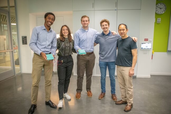 ES227 team Roundhouse Technologies: Olisaneme Okonkwo, Kade Kelsch, Clayton Donhauser and Nathaniel DeLucca, with Taekwondo instructor XXX