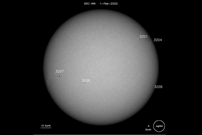 black and white image of the sun with sunspots marked