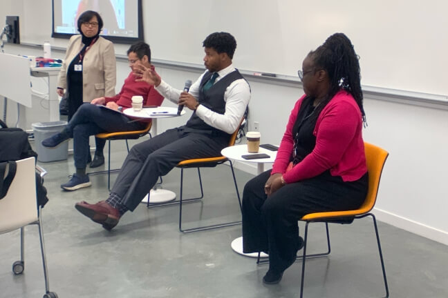 “Academia, Industry, and Nontraditional Career Paths for Engineering Ph.D.” panel with Matheus Ferreira, Akil Word-Daniels and Katie Hixon, Assistant Professor of Engineering at Dartmouth (Matt Goisman/SEAS)