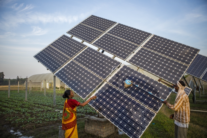 people cleaning solar panels