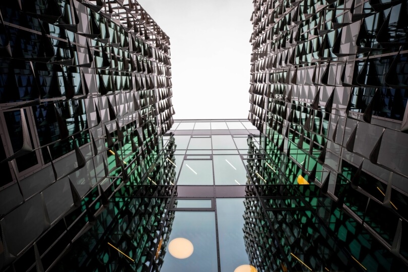 The energy-saving grid structure of the SEC, paired with the window paneling that travels floor to floor, reflects a lot of light despite a cloudy day.