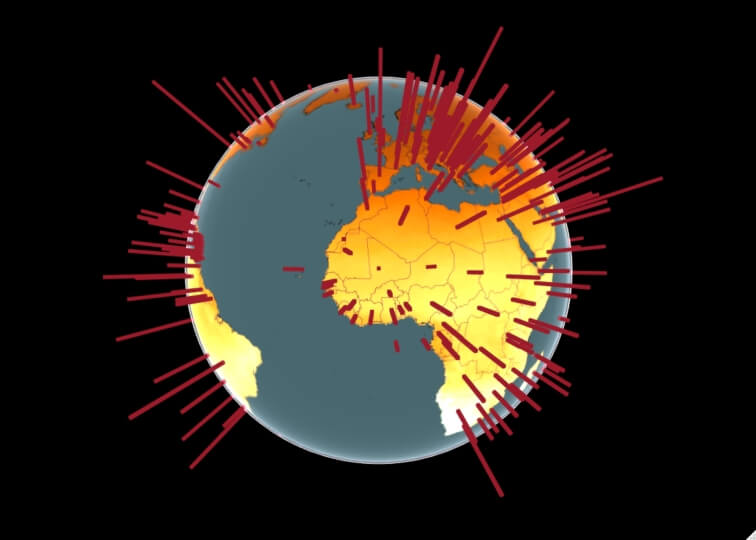 image of the globe with red bars showing average daily COVID-19 cases