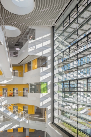 Large windows in the SEC atrium filter sunlight through several above-ground floors. Many floors have bright yellow walls. 