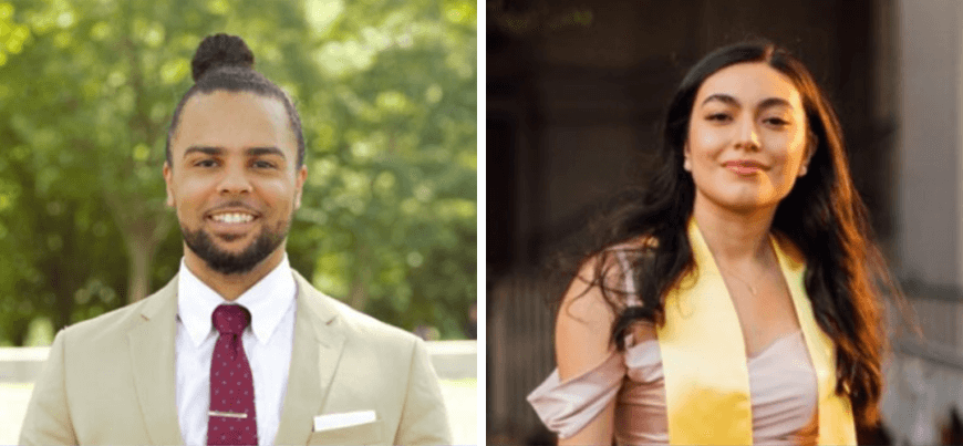 On the left, Christopher Croft is wearing a beige suit, red tie, and is standing in front of a green background. On the right, Ivonne Martinez poses in front of a building in a yellow graduation stole. 