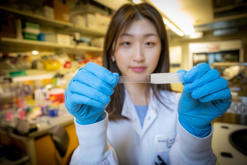 Esther Koh with a hydrogel