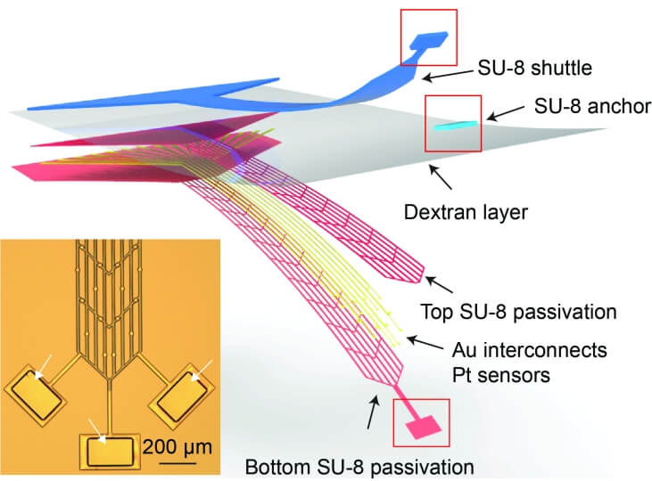 The sensing device contains several components shown in blue, gray, pink, and yellow layers. The bottom left corner shows a yellow visual of the sensor from above: an mesh arrow pointing downward with three rectangles attached beneath. 