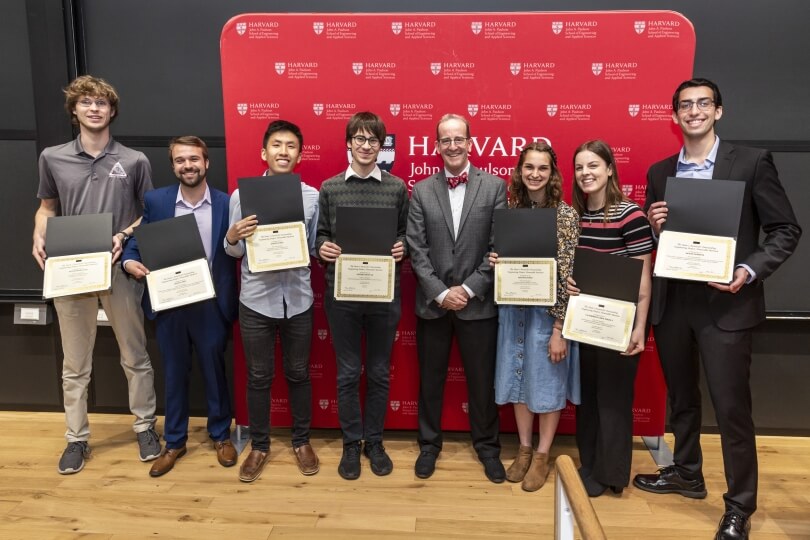 SEAS seniors with Dean Frank Doyle after receiving their Honorable Mention certificates for their senior capstone projects