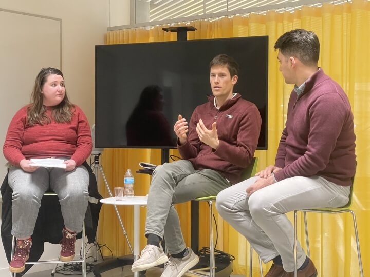 Nicole Black leads a discussion with Robert Gustafson and Gregory Ekchian at the March 7 Lab-to-Launch Lounge event