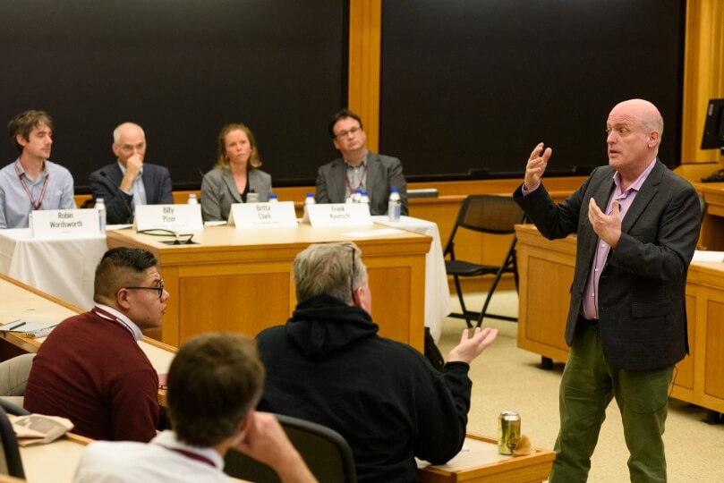 SEAS faculty Robin Wordsworth, Britta Clark and Frank Keutsch at a Harvard Climate Action Week panel on solar geoengineering