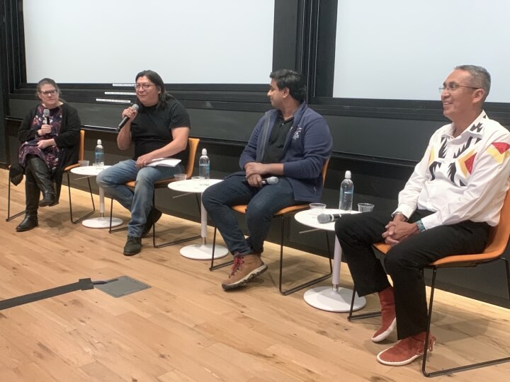 SEAS Ph.D. student and Navajo Technical University (NTU) graduate Robinson Tom speaks at a panel with Ph.D. student Rohan Thakur, Franklin Sage, NTU Graduate Assistant Professor of Dine' Studies, and Kathryn Hollar, SEAS Director of Community Engagement and Diversity Outreach