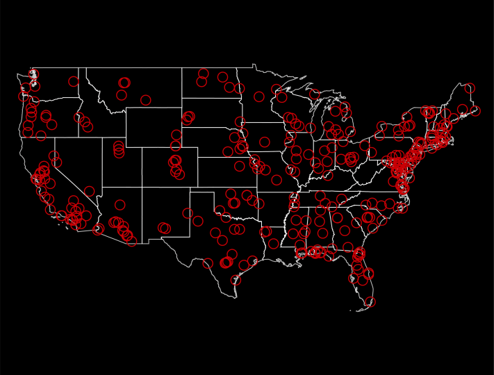 black map of US with red circles 